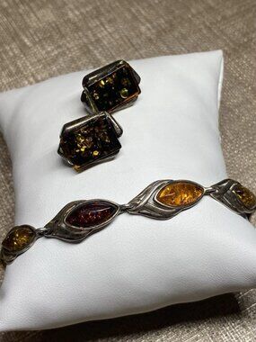 Vintage Sterling Silver 925 Baltic Amber Bracelet & Stud Earrings Set 7.5”